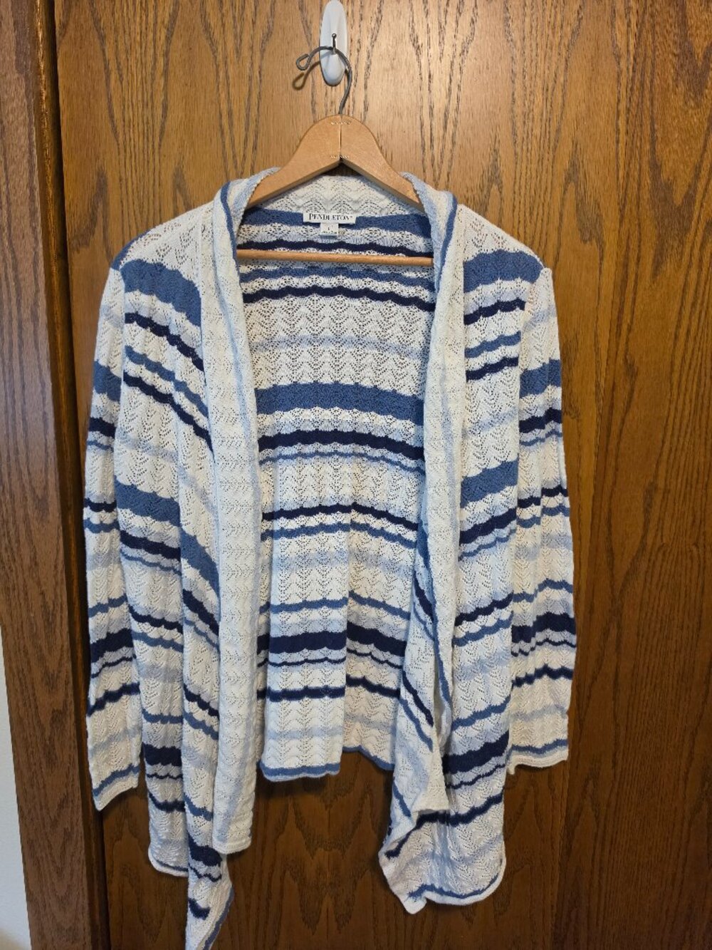 Pendleton 100% Cotton Blue White Striped Open Front Draped Waterfall Cardigan -